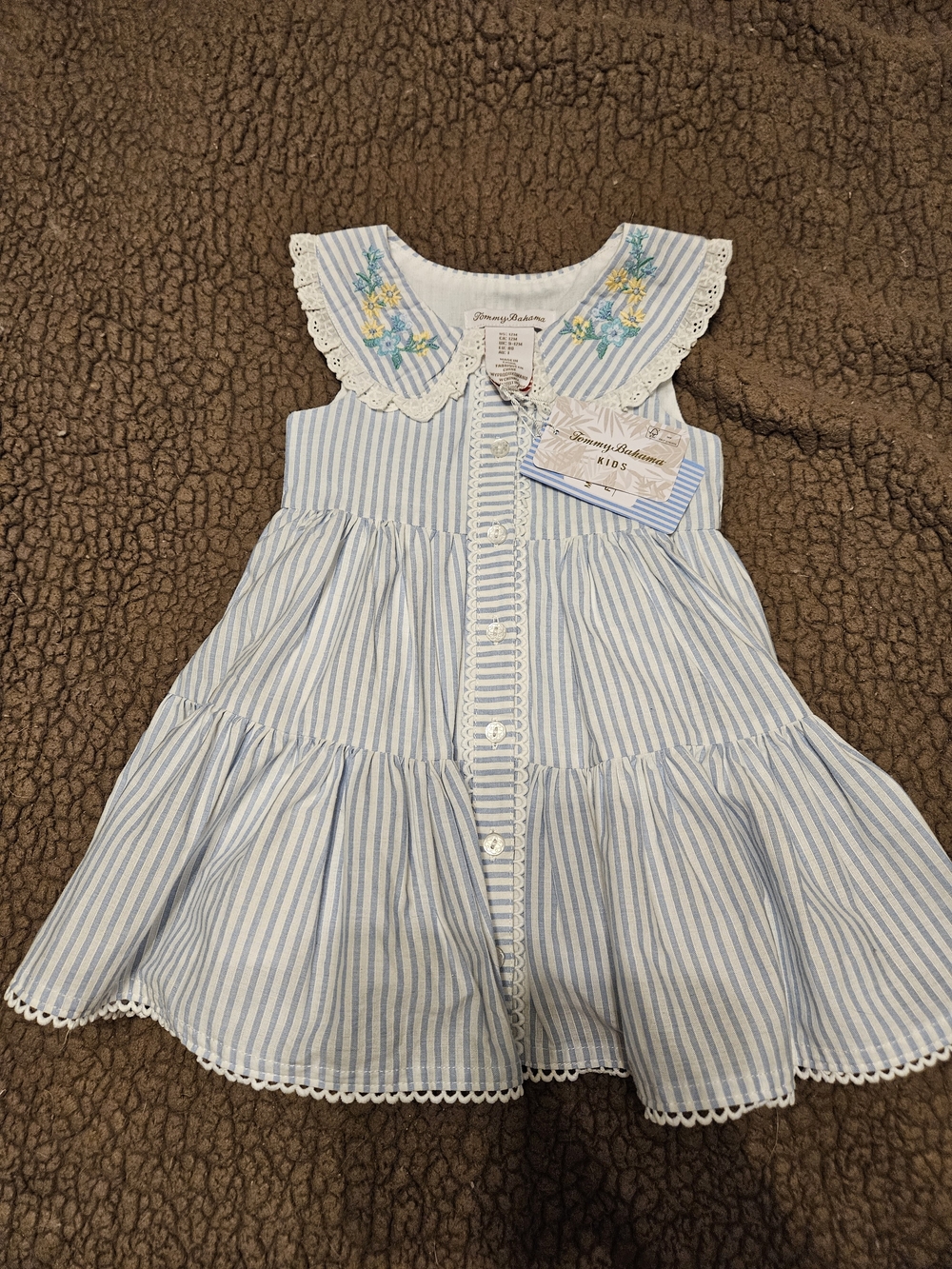 Tommy Bahama Kids Girls Light Blue &White Striped Dress with Embroidered Collar